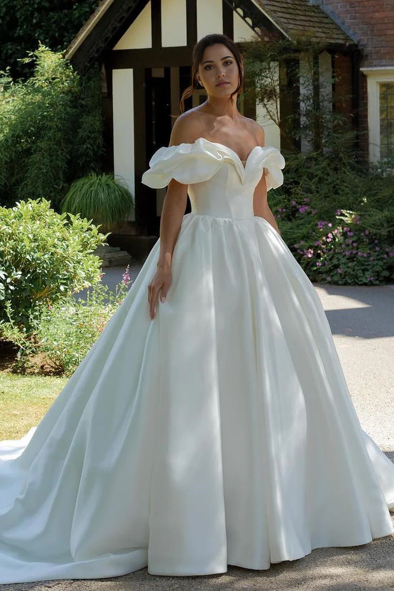 Wholesa A-line Puff Off-the-Shoulder V Neck Sweeping Long Wedding Dress