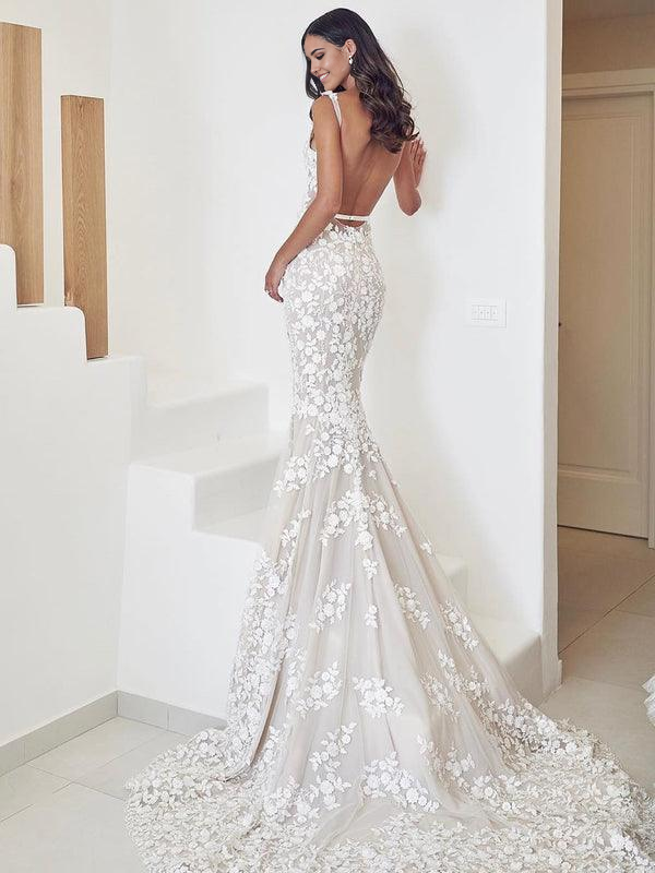 Wholesa Mermaid Lace Straps Appliqued Bridal Gowns Wedding Dresses