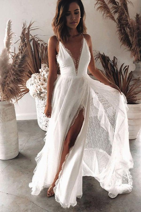 Wholesa Bohemian A Line V Neck Lace Appliques Wedding Dresses with Split