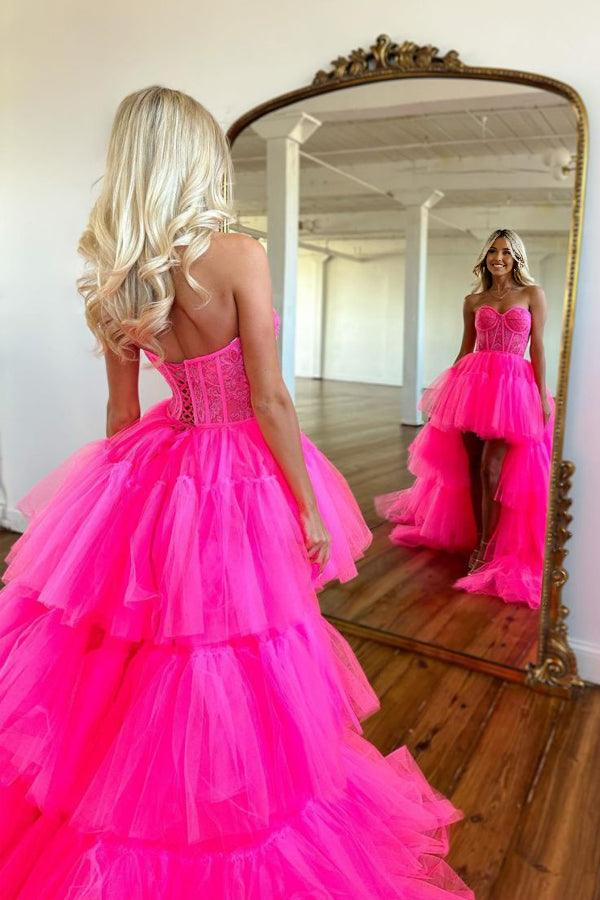 Wholesa Sweetheart Hot Pink High Low Tiered Prom Dress Evening Dress