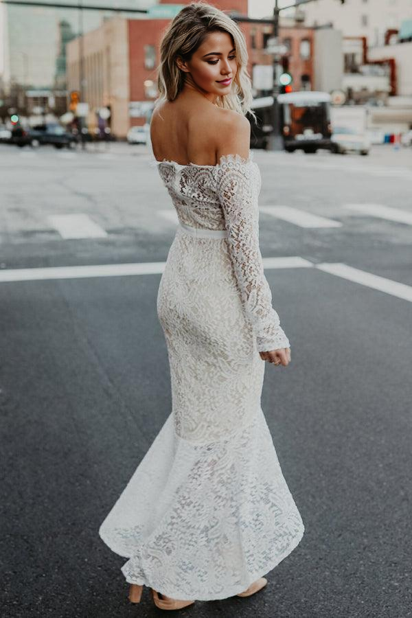 Wholesa Mermaid Off-the-Shoulder High Low Lace Wedding Dress with Long Sleeves