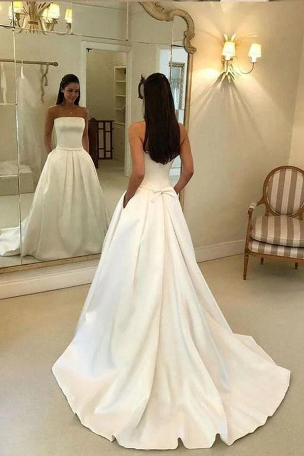 Wholesa A-line Strapless Ivory Open Back Satin Wedding Dress with Pockets