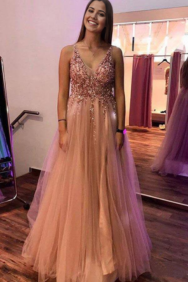 Wholesa A-Line V-Neck Appliques Tulle Backless Prom Dress with Sequins