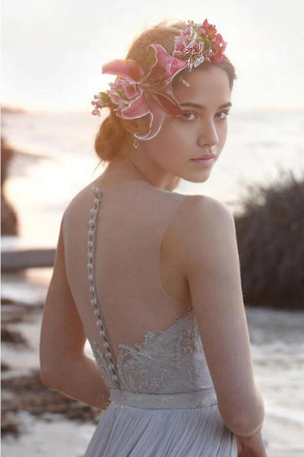 Wholesa Beach Illusion Neckline Sheer Back Lace Chiffon Wedding Dress