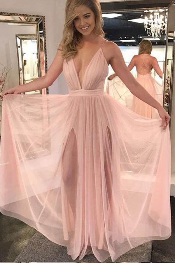 Wholesa A Line V Neck Backless Chiffon Charming Slit Pink Long Prom Dresses