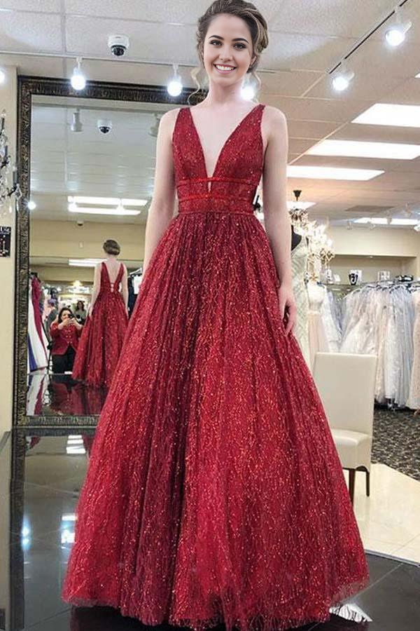 Wholesa Elegant V neck Tulle Sequins Burgundy Long Prom Party Dress