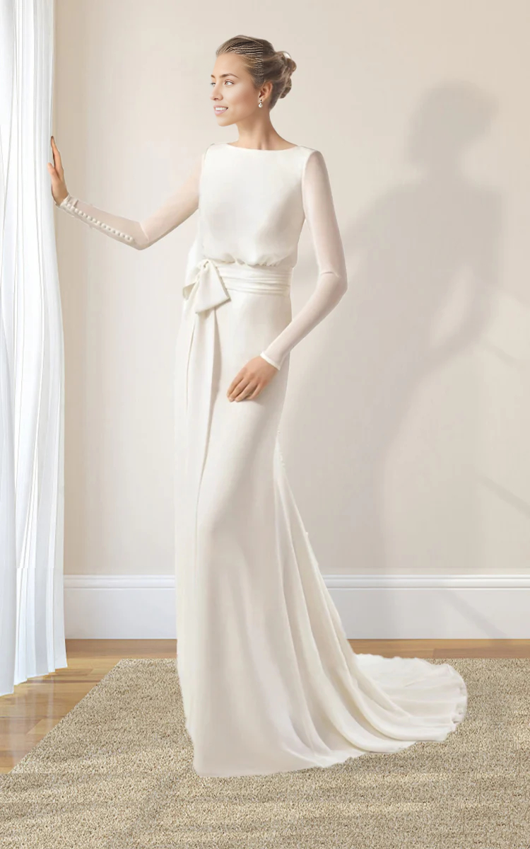 Wholesa Simple Chiffon Long Sleeve Wedding Dress With Decoratived Buttons and Bow