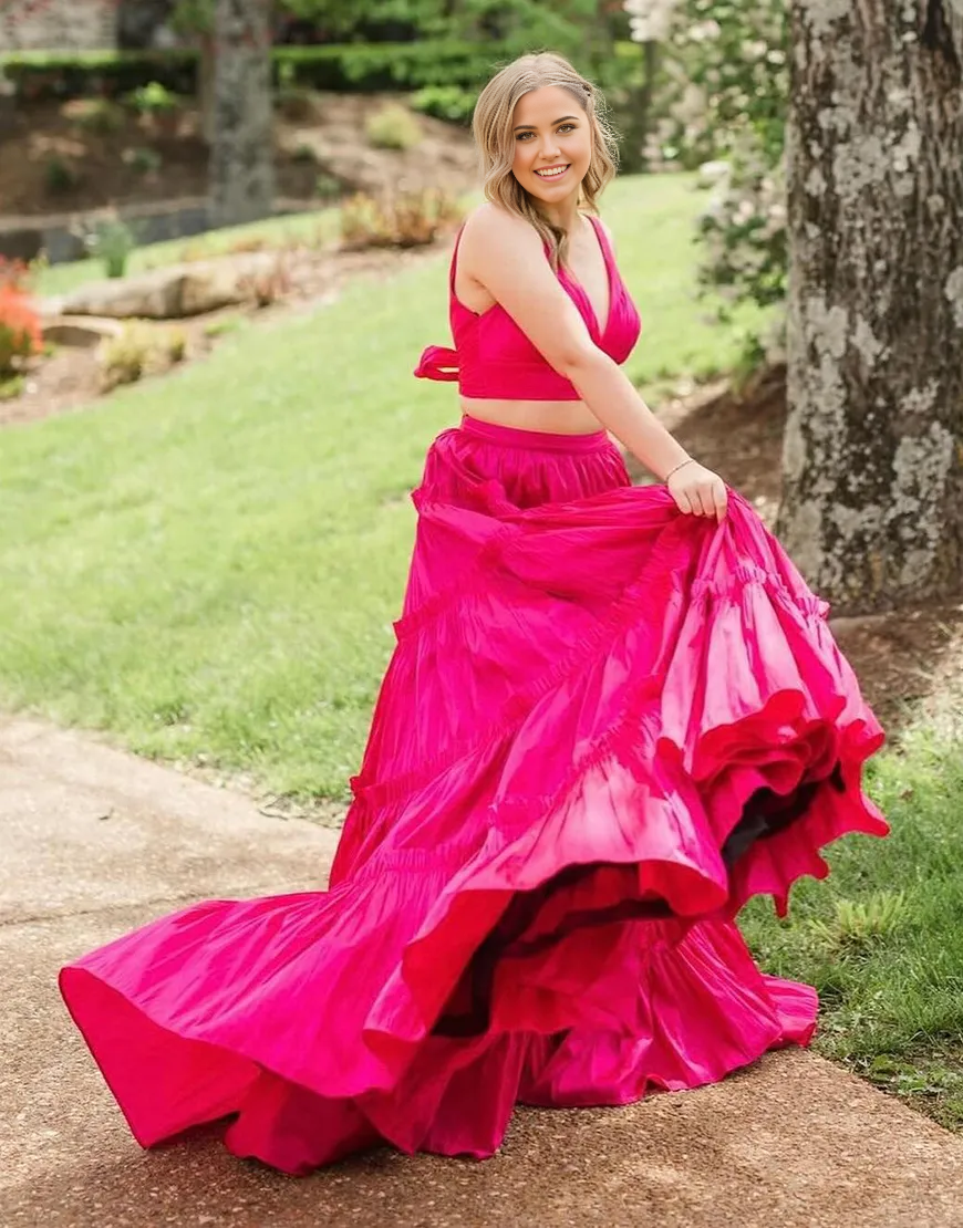 Wholesa Two Piece A-Line V Neck  Ruffled Fuchsia formal dresses evening dress Long Prom Dress