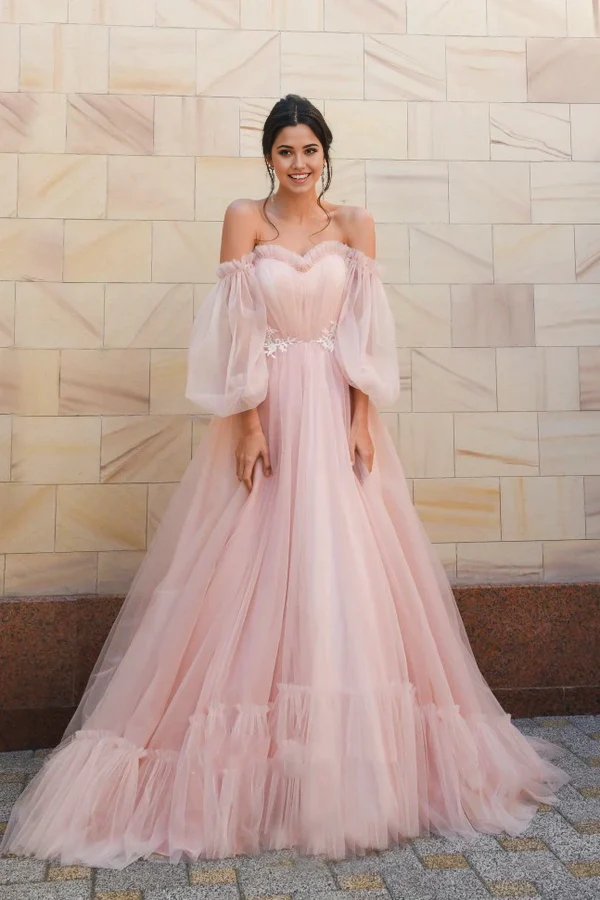 Wholesa A-line Off-shoulder Sweetheart Tulle Wedding Dress With Poet Sleeves
