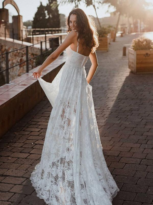 Wholesa A-Line V-Neck Lace Backless Spaghetti Straps Lace Beach Wedding Dress