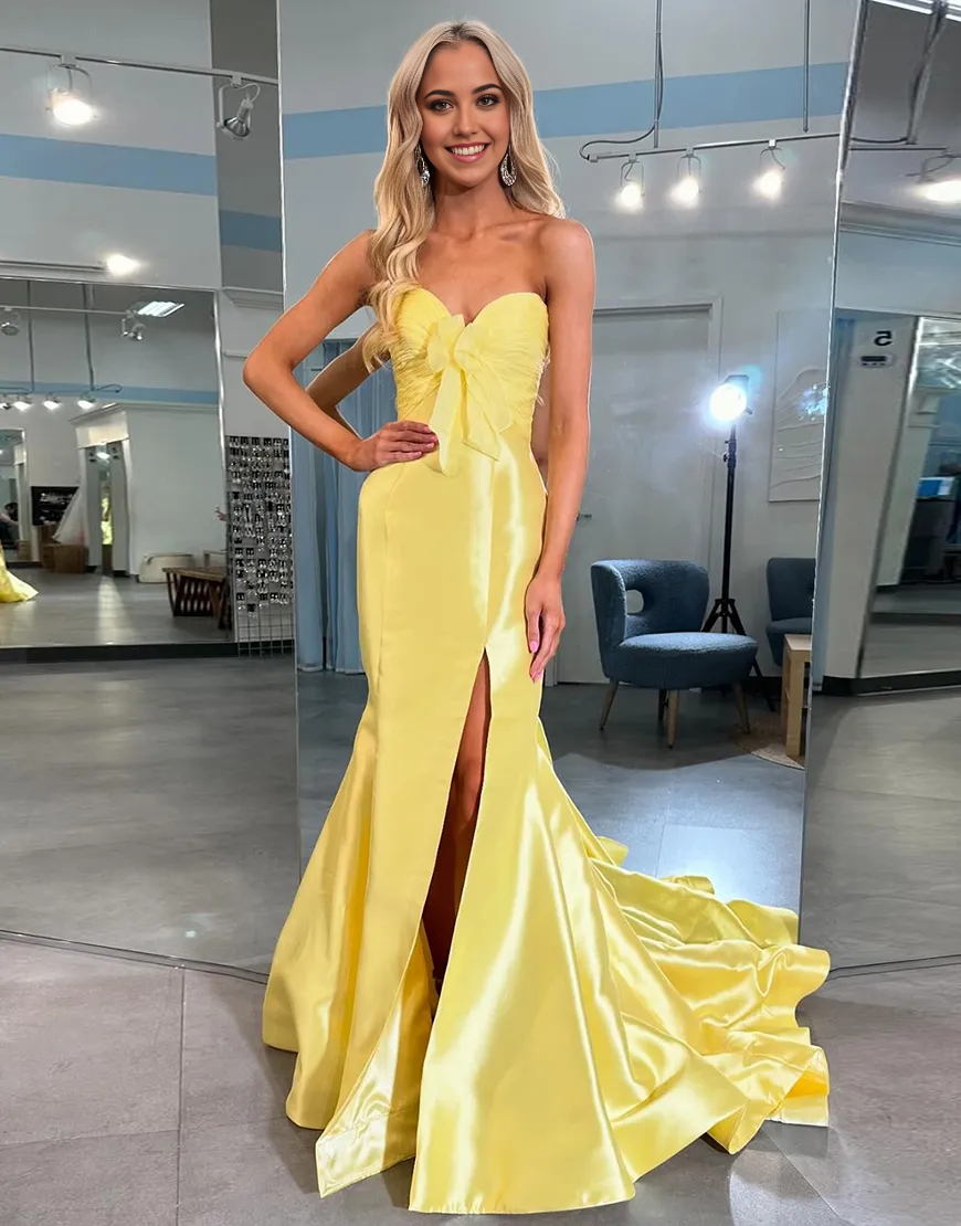 Wholesa Mermaid Strapless Bow Long Yellow formal dresses evening gown Prom Dress with Slit