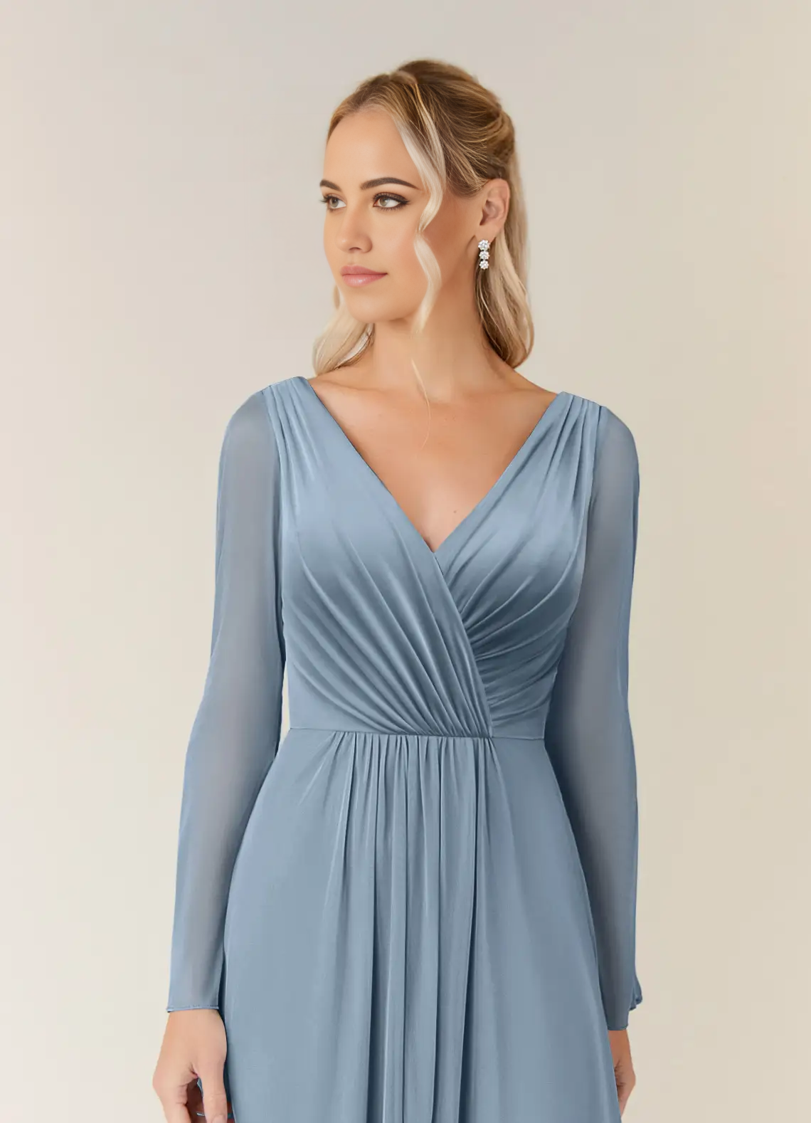 Wholesa A-Line V-Neck Long Sleeve Pleated Dusty Blue formal dresses evening dress Mother of the Bride Dresses
