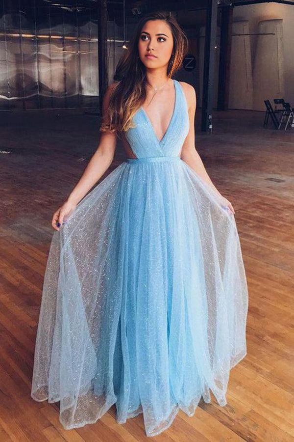 Wholesa A-line V Neck Shiny Light Blue Long Tulle Prom Dress For Teens