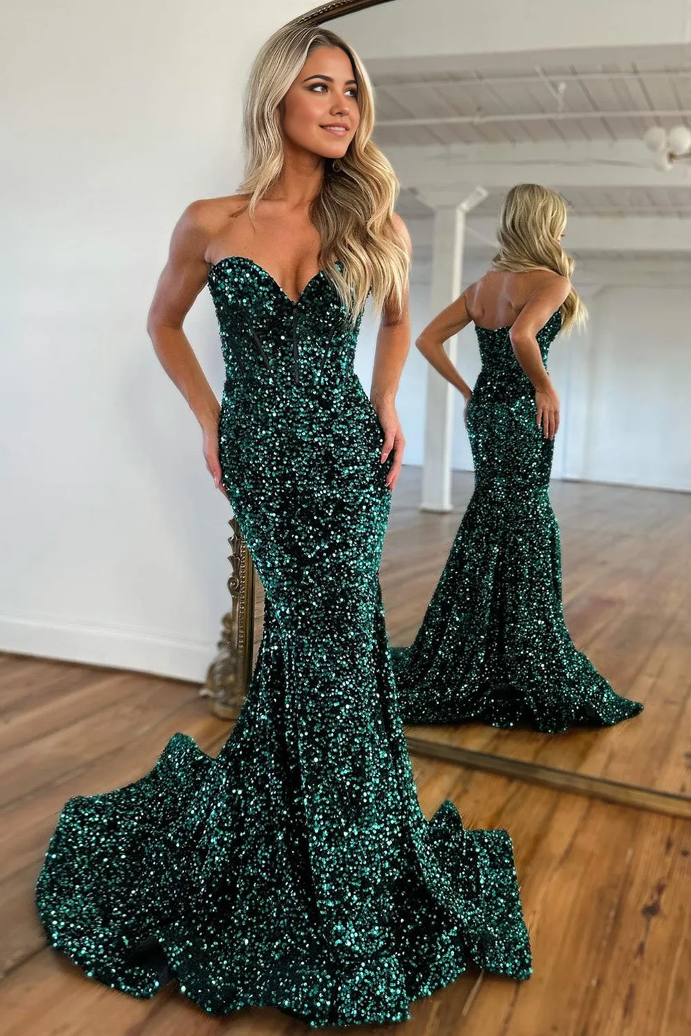 Wholesa Mermaid Sweetheart Glitter Sequin Dark Green formal dress evening gown Long Prom Party Dress