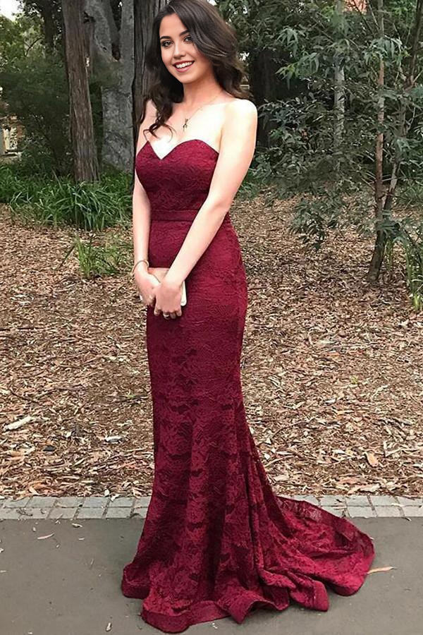 Wholesa Mermaid Sweetheart Sweep Train Burgundy Lace formal dresses Prom Dress