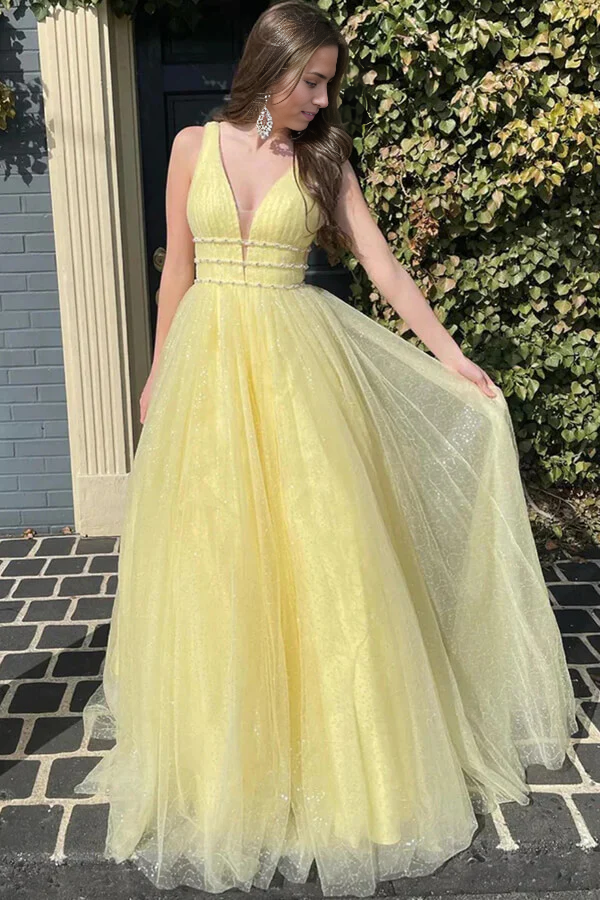 Wholesa A-line V-neck Tulle Long Prom Dresses With Belt