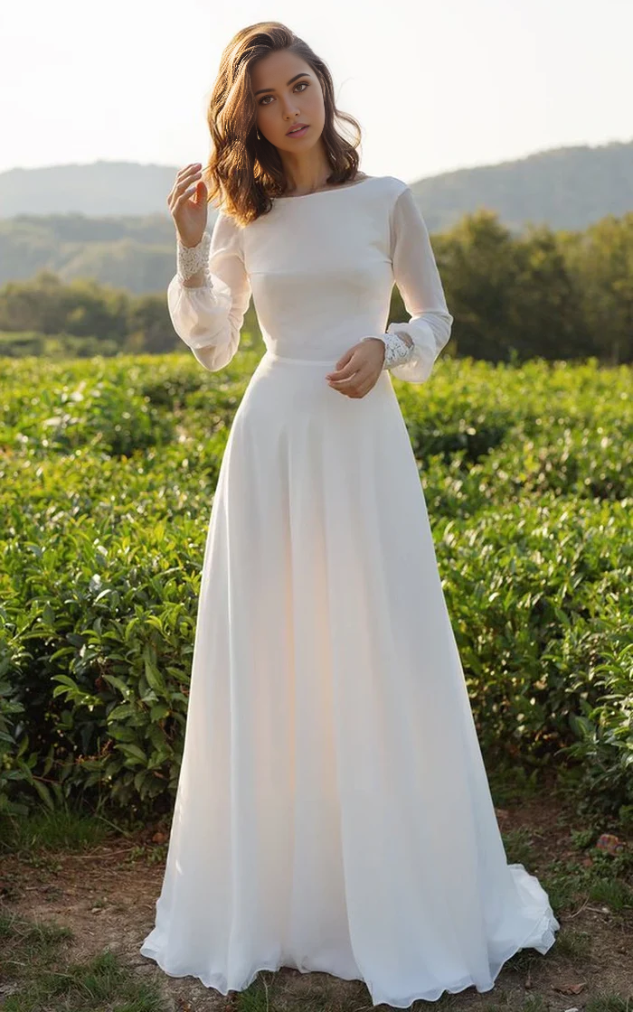 Wholesa A-Line Simple Casual Chiffon Bateau V-Back Long Sleeve Floor Length Train Wedding Dress