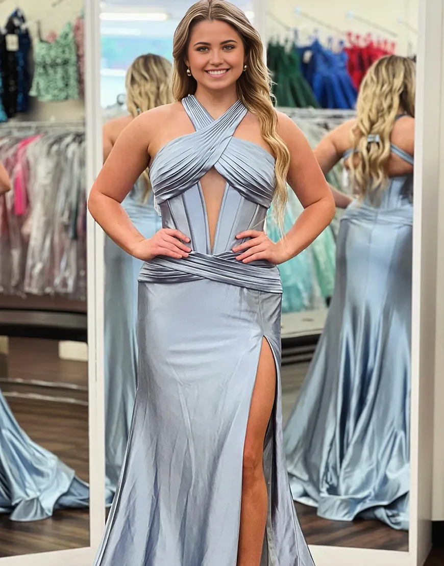 Wholesa Mermaid Halter Ruched Corset Satin Long Dark Green formal dresses evening gown Prom Dress with Slit