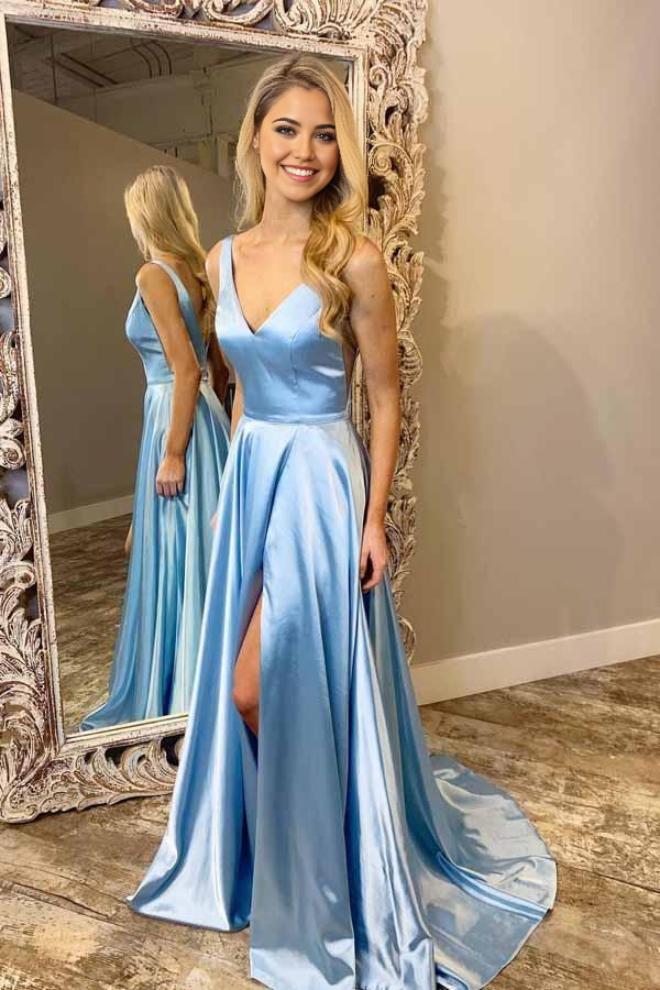 Wholesa A-Line V-Neck Sweep Light Blue Train Prom Dress with Split