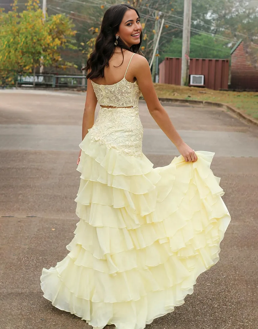 Wholesa Sheath Sparkly Spaghetti Straps Appliques Ruffles Yellow Long formal dresses evening gown Prom Dress with Slit