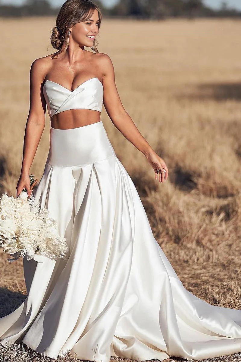 Wholesa Two Piece A Line Sweetheart Satin Wedding Dresses