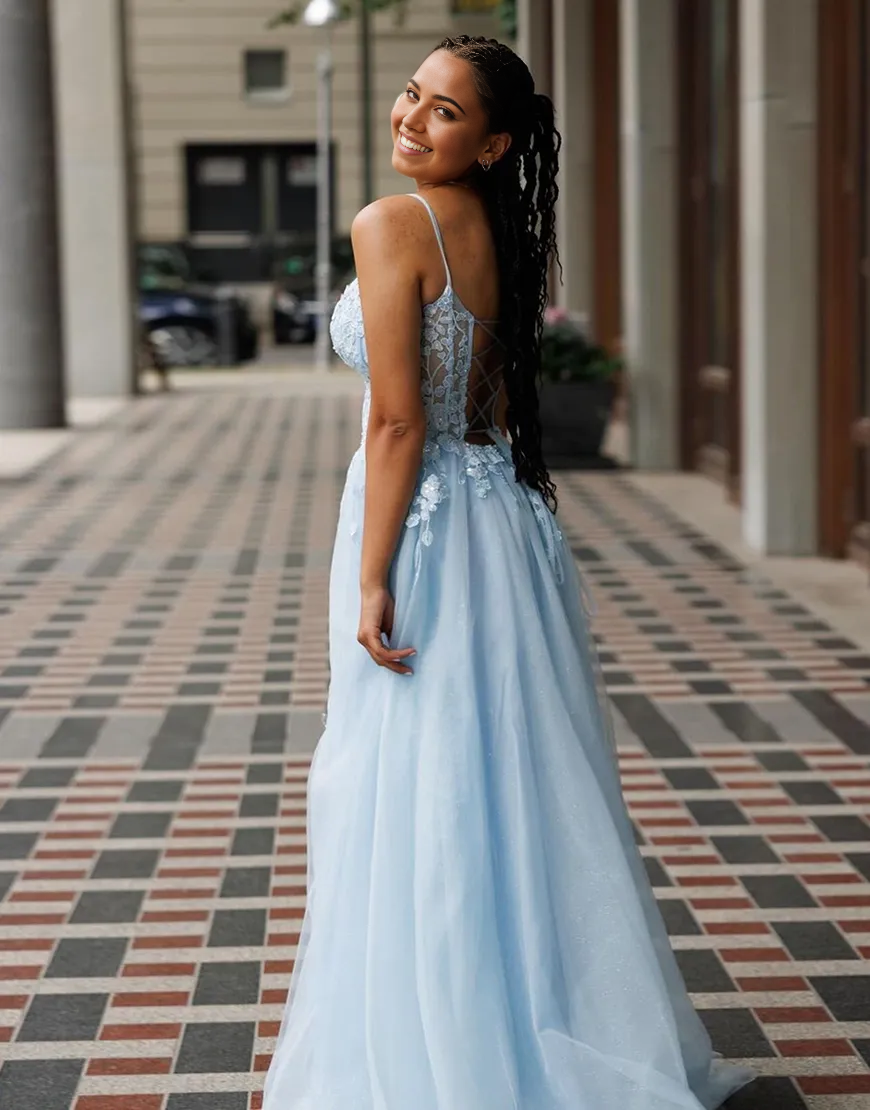Wholesa A-Line Sparkly Spaghetti Straps Corset Appliques Light Blue formal dresses evening gown Prom Dress with Slit