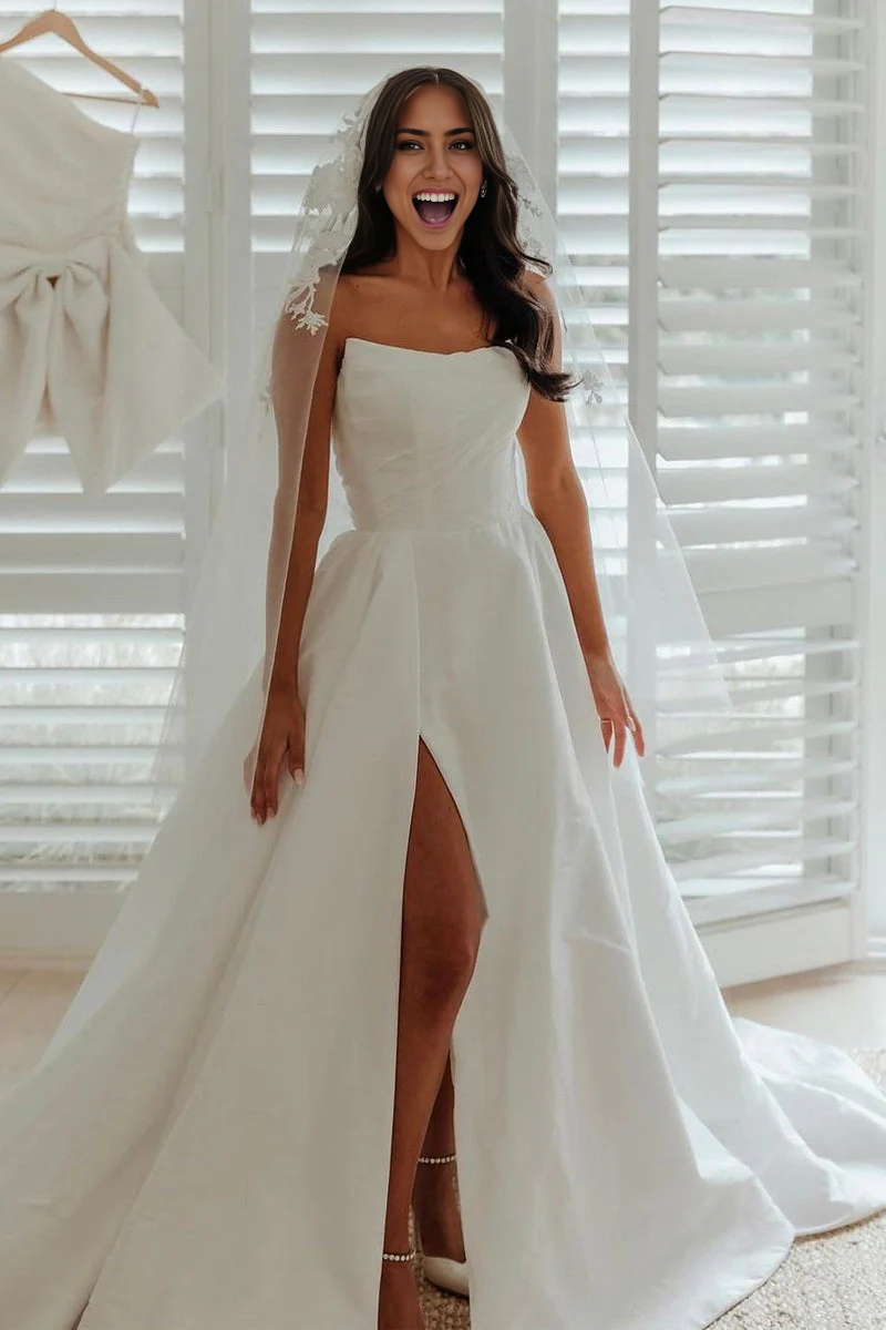 Wholesa A-Line Strapless Satin Wedding Dresses with Slit