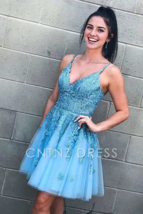 CNTNZ DRESS Hot Sale Short Prom Dress A Line V Neck Spaghetti Strap Backless Lace Appliques Tulle Cute Homecoming Dress