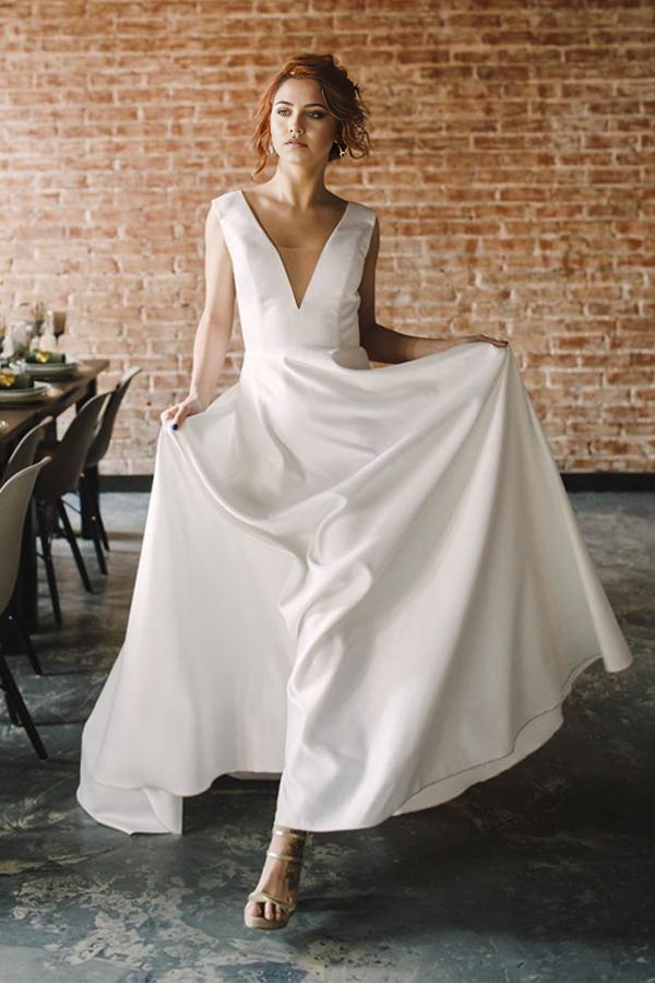 Wholesa A Line V Neck Open Back Satin Long Wedding Dresses