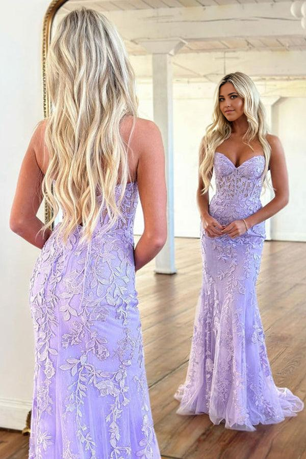 Wholesa Mermaid Neck Sweetheart Lace Purple Long Prom Dress Formal Dress