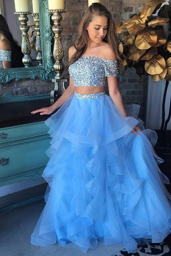 Wholesa Two Piece Off-the-Shoulder Tiered Organza Blue Prom Dress with Sequins