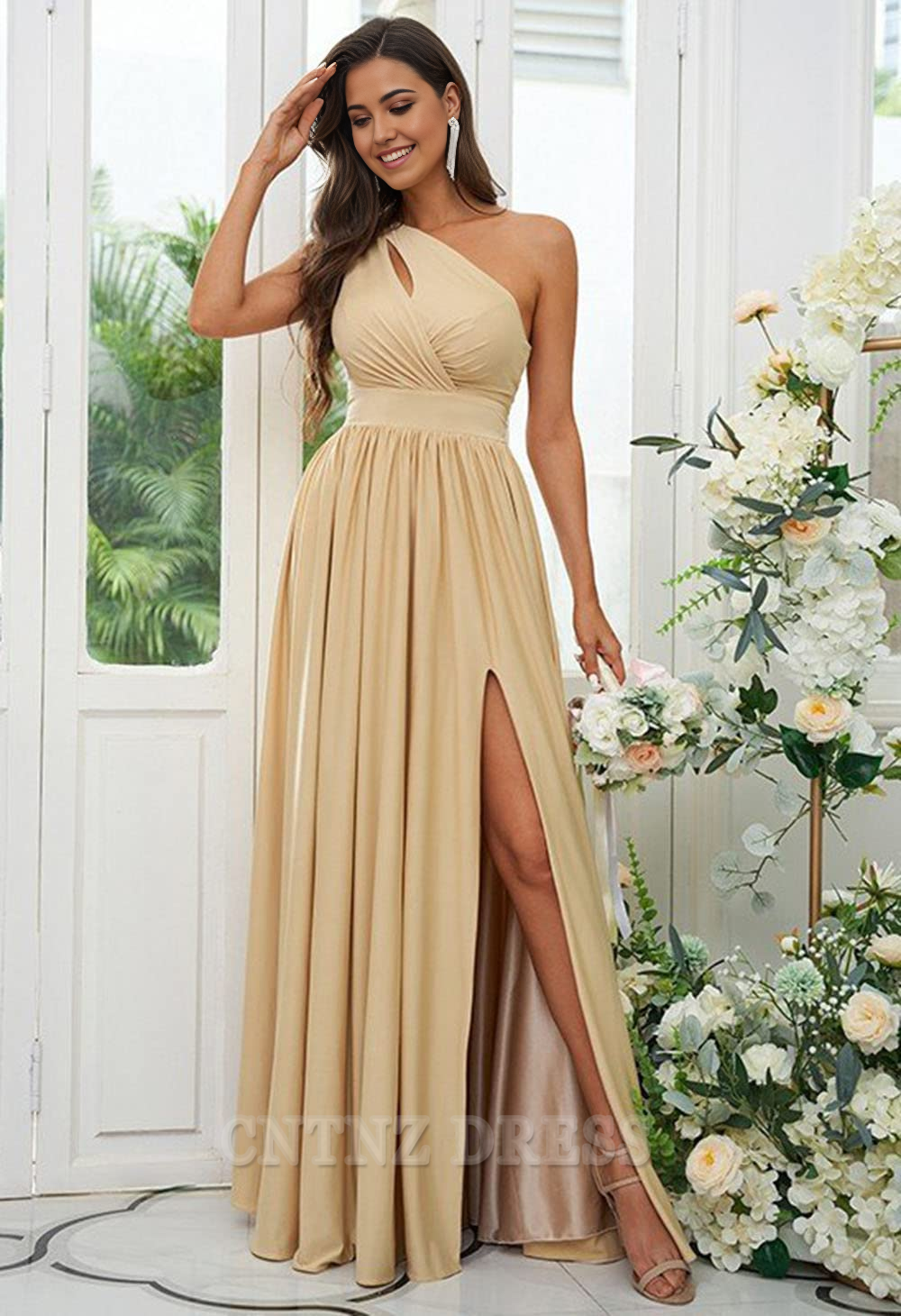 Wholesa A-line One Shoulder formal dresses evening gown Bridesmaid Dresses with Slit
