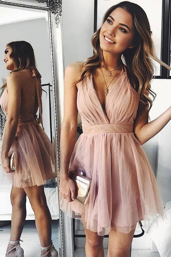 Wholesa A-Line Tulle Deep V-neck Backless Pleats Pink Mini Homecoming Dress