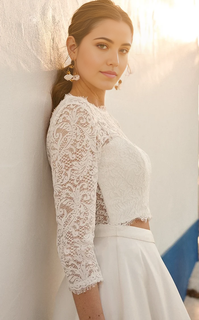 Wholesa Two Piece Floor-length 3/4 Length Sleeve Lace Jewel Wedding Dress with Ruching