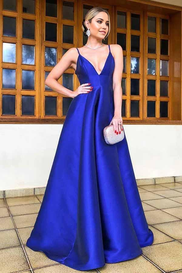 Wholesa A-Line Spaghetti Straps Floor Length Royal Blue Satin Prom Dress
