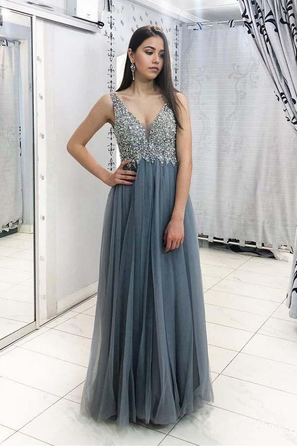 Wholesa A-line V Neck Tulle Grey Beaded Long Prom Dresses Long Evening Dress