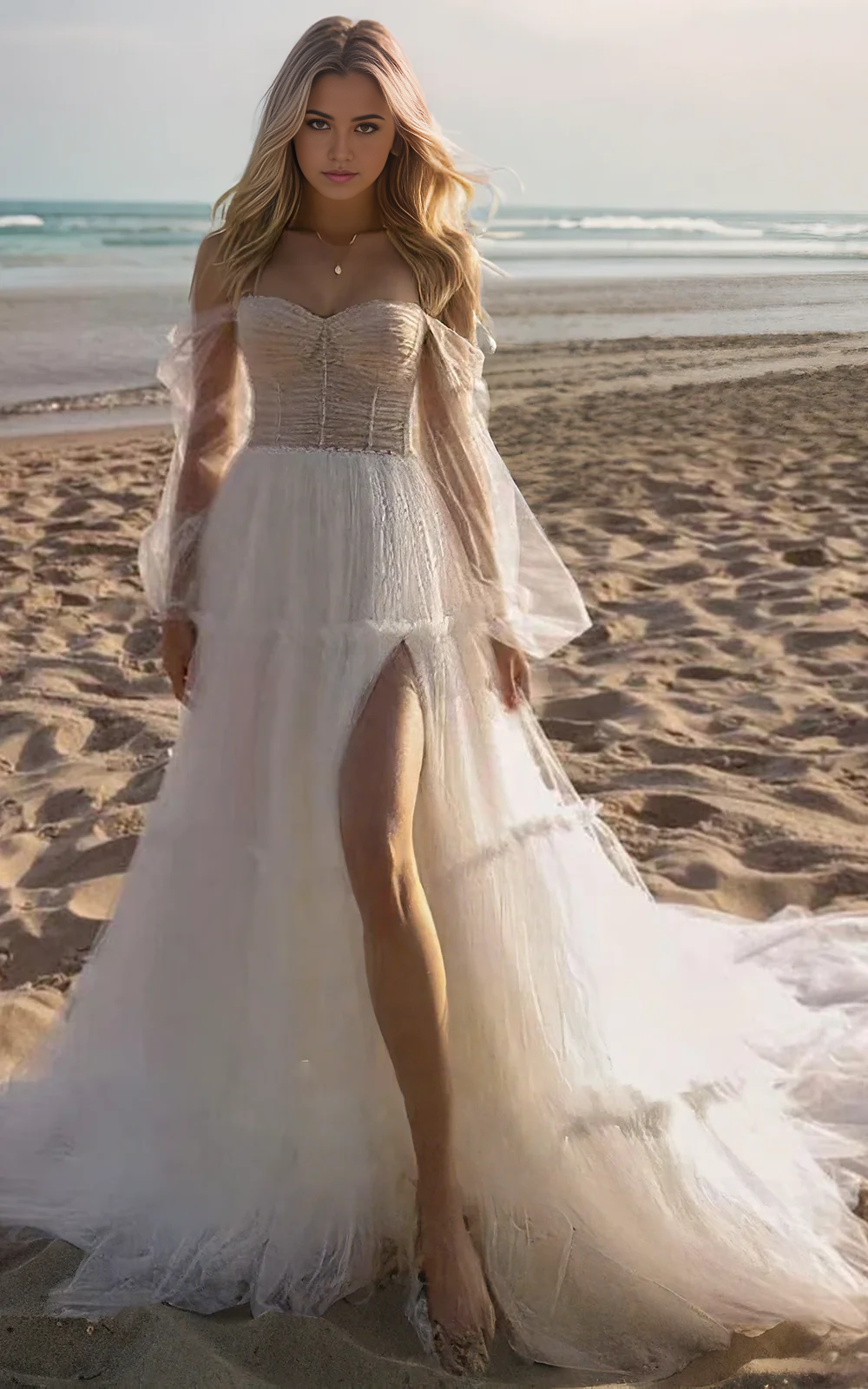 Wholesa A-Line Off-the-shoulder Sweetheart Neck Fluttering Tulle Pleats Long Sleeve Wedding Dress