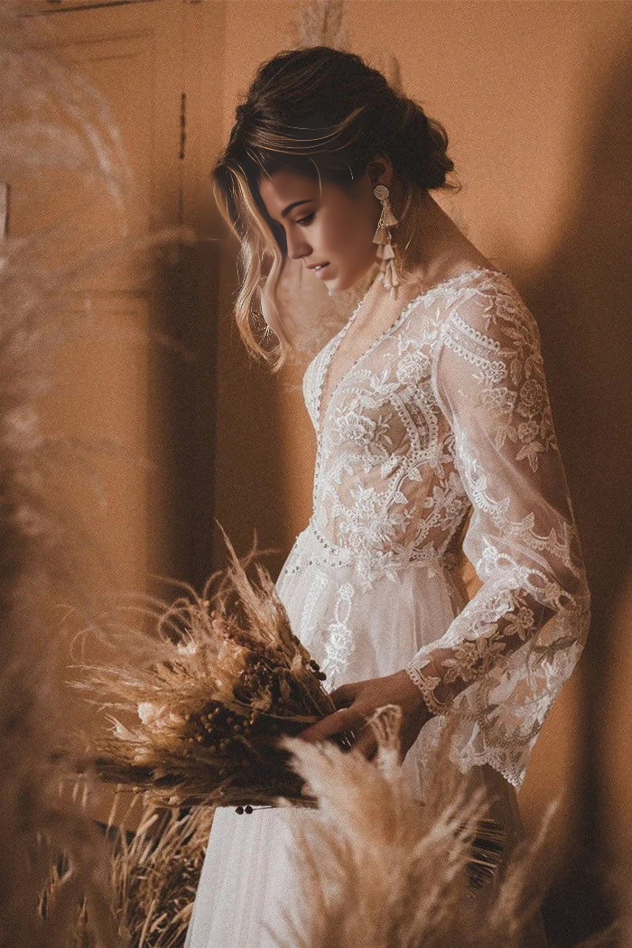 Wholesa A-Line Top Flare Sleeves Lace Open Back Wedding Dress