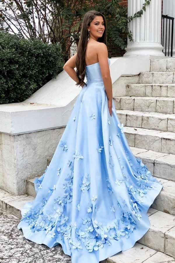 Wholesa A-Line 3D Floral Sweetheart Sky Blue Applique Long Prom Dresses With Pocket