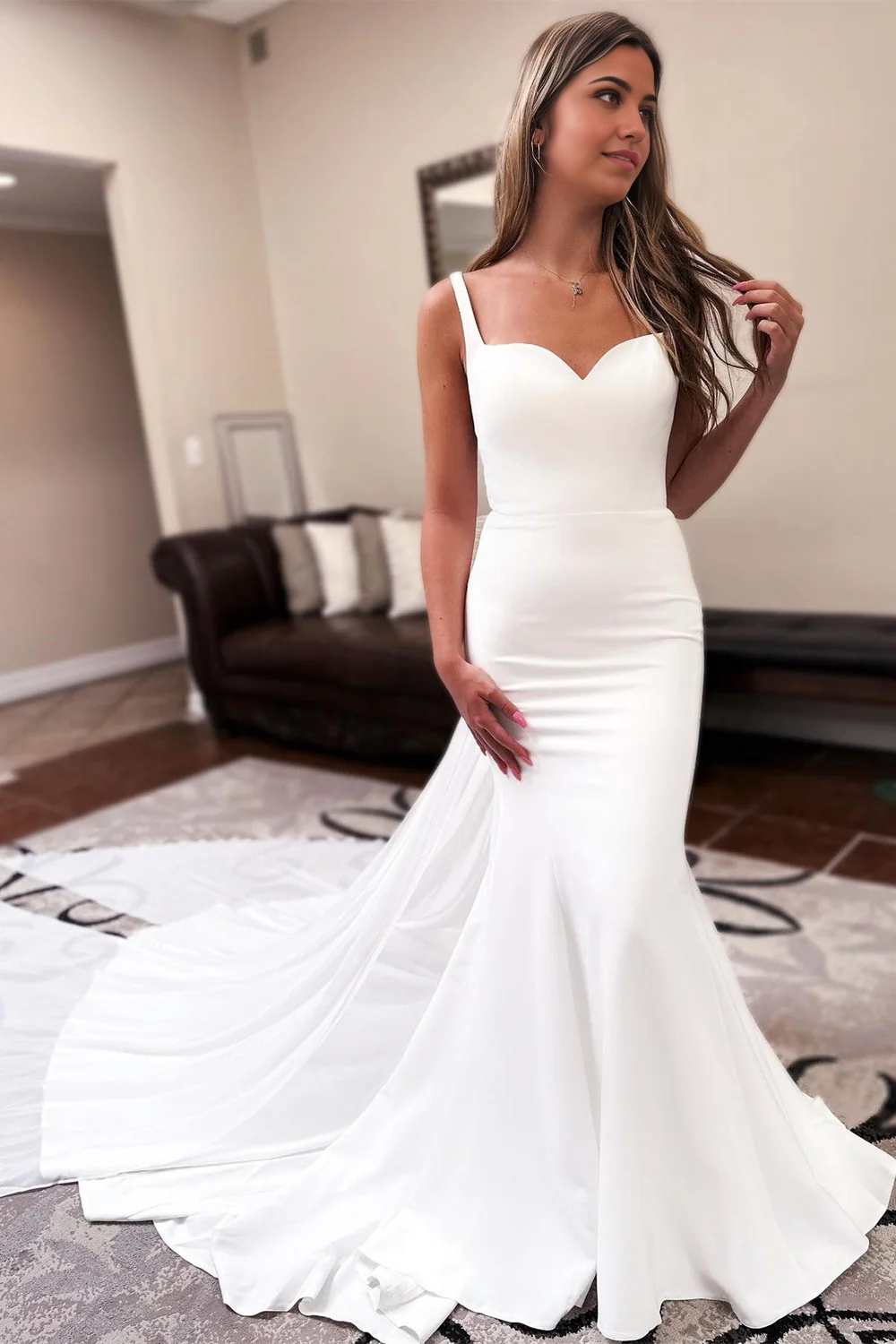 Wholesa Mermaid Sweetheart Backless Long Wedding Dress with Attached Train