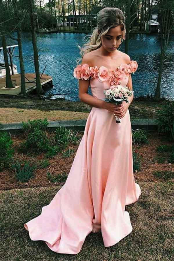 Wholesa A-line Off-the-Shoulder Sweep Train Pink Satin Prom Dress with Flowers