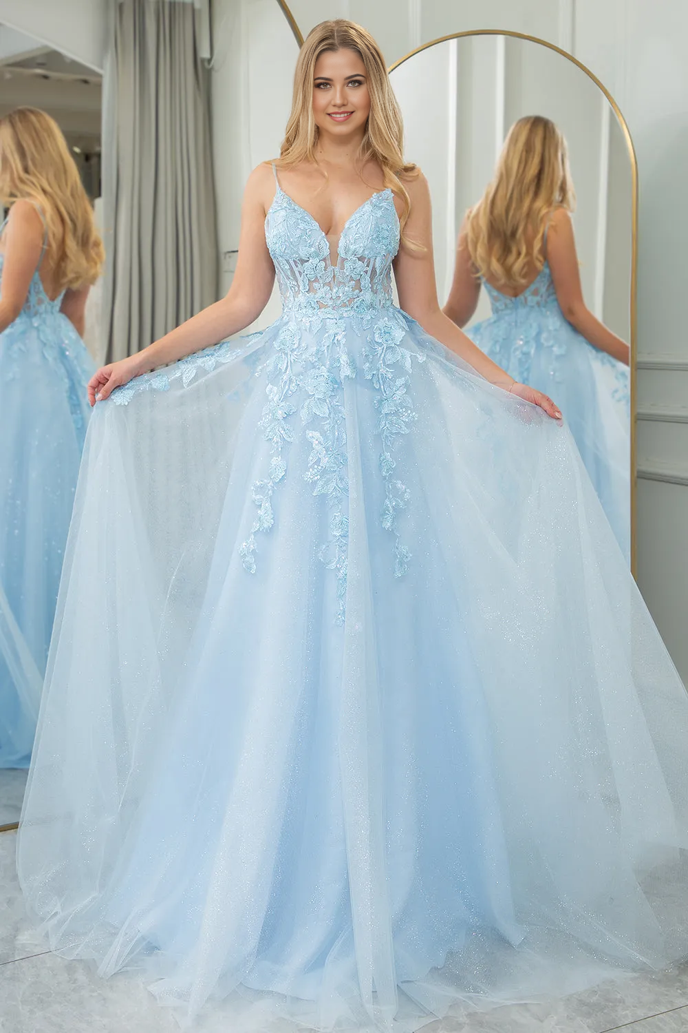 Wholesa A Line Backless Long Tulle Light Blue formal dress evening gown Prom Dress With Appliques