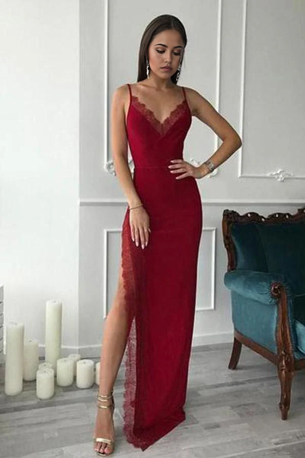 Wholesa Mermaid Red Spaghetti Long Side Slit Sheath Prom Dresses