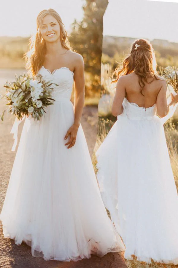 Wholesa A-Line Sweetheart Floor-Length Ivory Wedding Dress with Lace