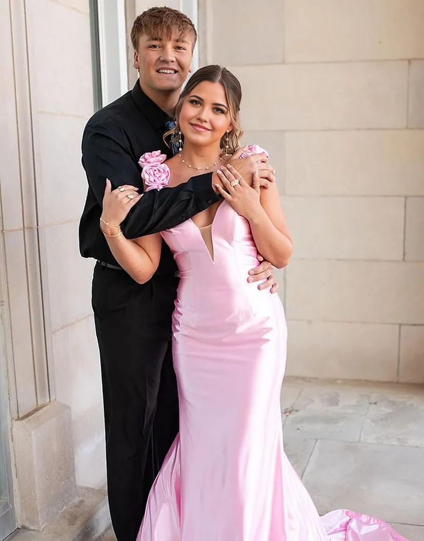 Wholesa Mermaid Flowers Shoulder Straps Satin Pink Long formal dresses evening gown Prom Dress