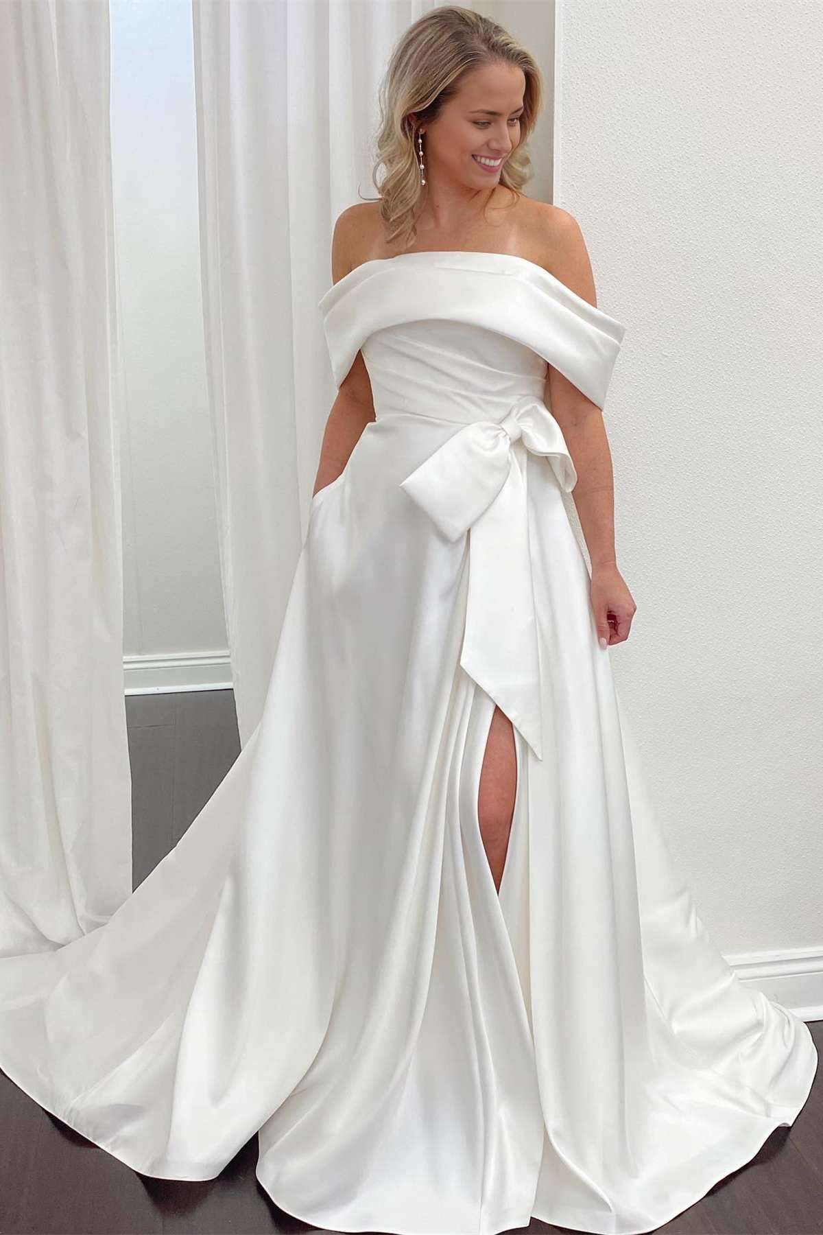 Wholesa A-Line Off-the-Shoulder Bow Satin Wedding Dress with Slit