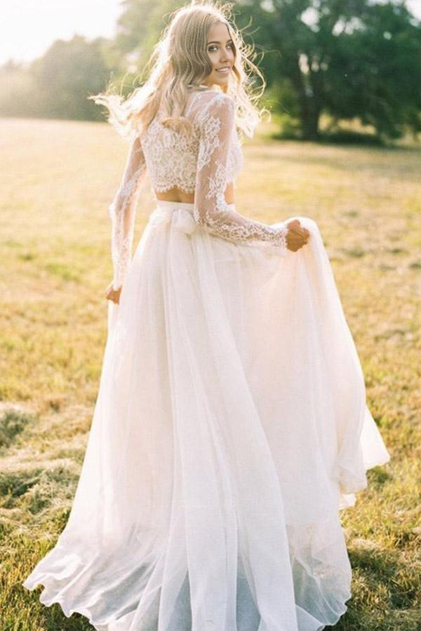 Wholesa Two Piece A Line Round Neck Long Sleeves Lace Beach Wedding Dresses