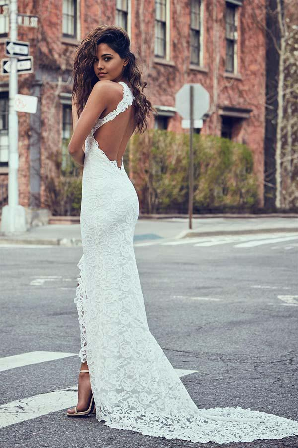 Wholesa Mermaid High Neckline Lace Backless Wedding Dresses With Court Train