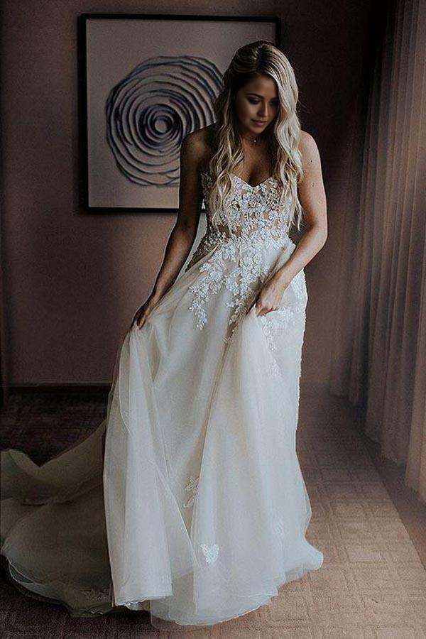 Wholesa A-Line Sweetheart Appliques Sweep Train Wedding Dress with Beading