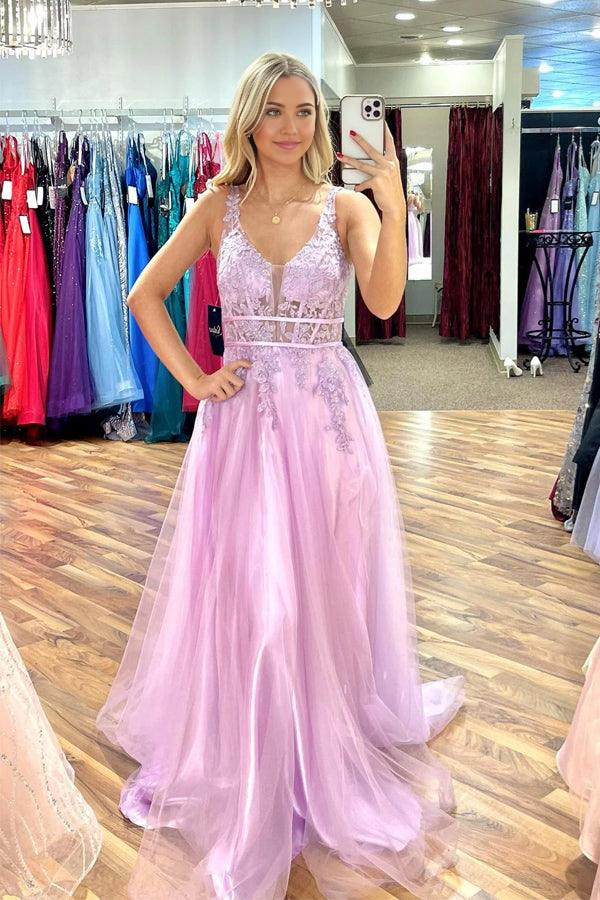 Wholesa A-line V Neck Beaded Appliques Sleeveless Tulle Lilac Long Prom Dress